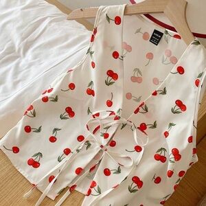SHEIN White Cherry Print Tie-Front Blouse